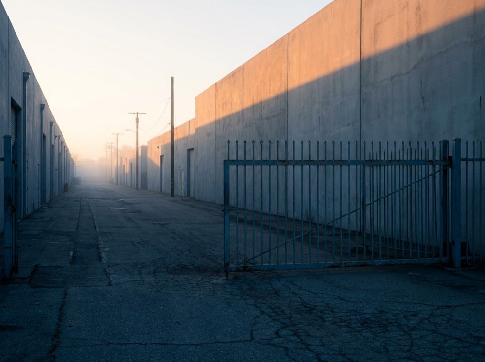 A quiet industrial service street at dawn behind a closed gate