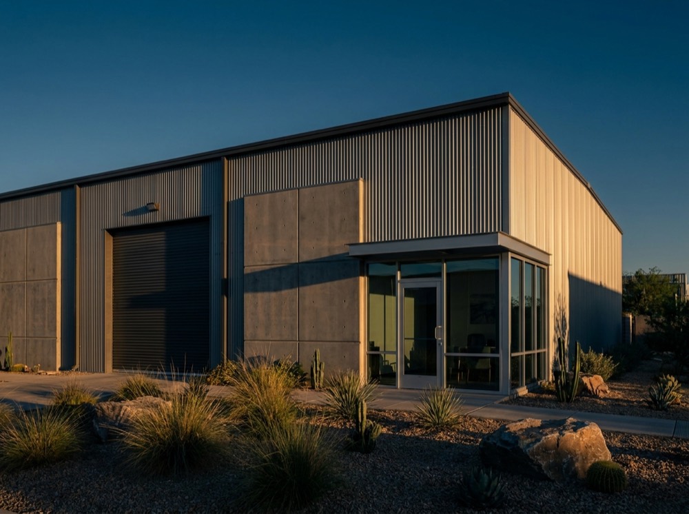 A small flex-industrial building with a roll-up door and glass office entrance