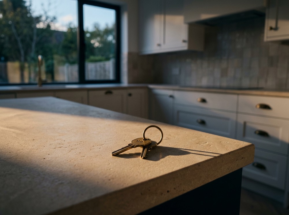 A set of house keys resting on the counter of an empty new home